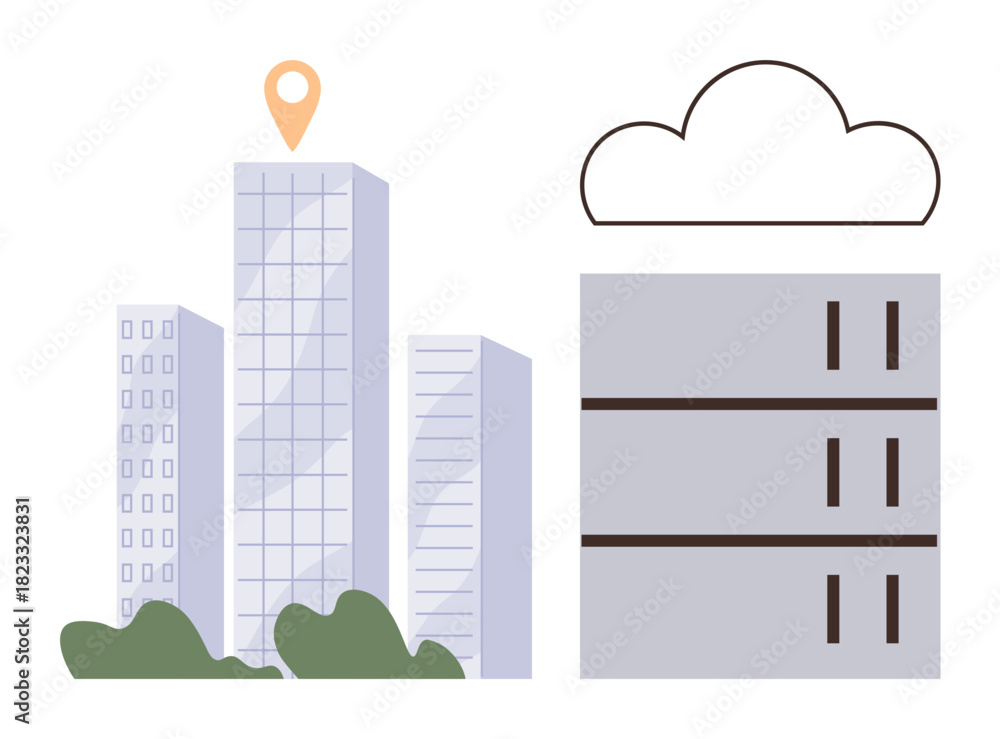 Obraz premium Skyscrapers, location pin, cloud, and server stack illustrating connectivity, data storage, urban technology. Ideal for cloud computing, IT infrastructure, data sharing urban development