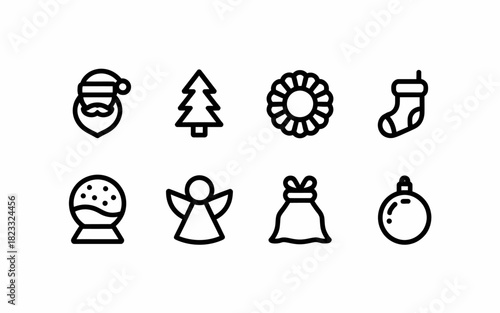 Holiday Icon Set Festive Elements for Christmas and Winter Celebrations, Including Santa, Tree, and Ornaments