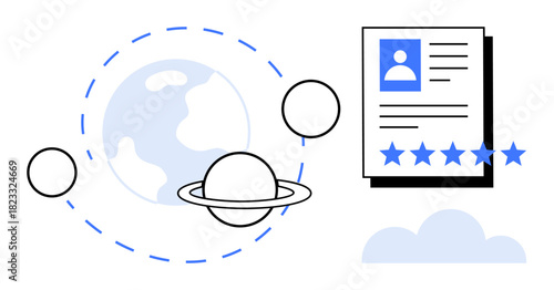 Earth with orbiting planets alongside a personal profile document displaying rating stars and a cloud. Ideal for global outreach, identity verification, data analysis, user feedback, digital