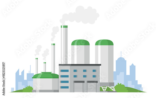 Power plant building surrounded by city skyline with smoke emissions and greenery nearby