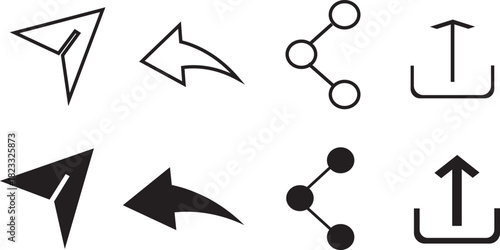 share icon set, like, unlike, comment, share, message, thumb and save simple black style, Arrow symbol. button connection sign illustration,
