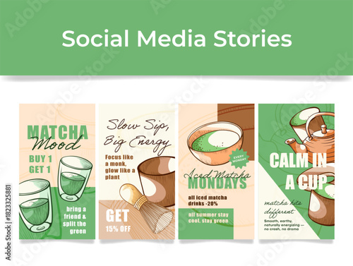This vibrant matcha social media template showcases eye-catching graphics of matcha drinks, wellness tips, and enticing promotions suitable for summer campaigns.