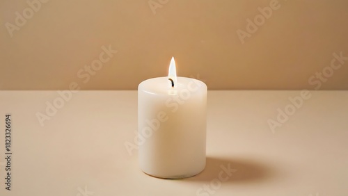 Wallpaper Mural A single, lit white pillar candle standing on a light surface against a plain, neutral background, casting a soft shadow Torontodigital.ca