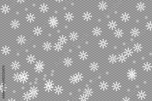 White snowflakes falling gently on a transparent background effect