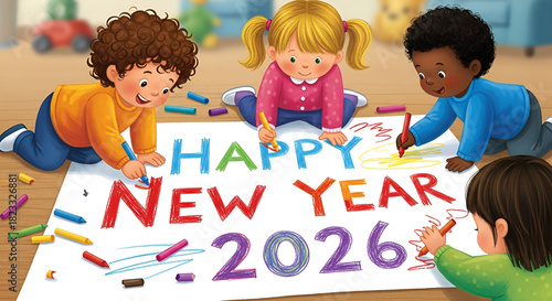 A diverse group of happy preschool children collaborating on a colorful drawing to celebrate the Happy New Year 2026