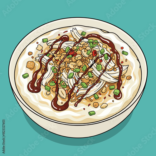 An illustrated bowl of savory chicken porridge or congee topped with peanuts, green onions, chili, and a dark sauce.