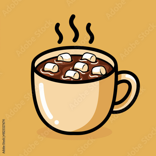 A cartoon illustration of a steaming mug of hot chocolate topped with white marshmallows on a warm brown background.