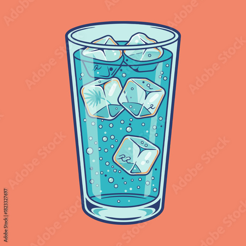 A refreshing glass of blue sparkling water with ice cubes and bubbles on a vibrant orange background.