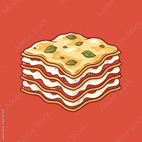 A cartoon illustration of a delicious layered lasagna slice with red sauce, creamy white sauce, melted cheese, and basil leaves on a red background.