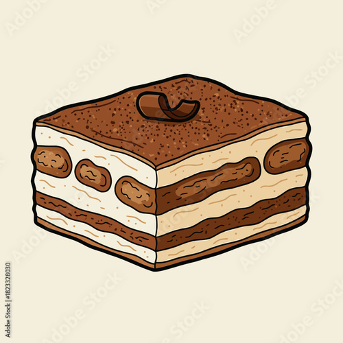 A cartoon illustration of a delicious layered tiramisu dessert with cocoa powder and a chocolate curl on top.