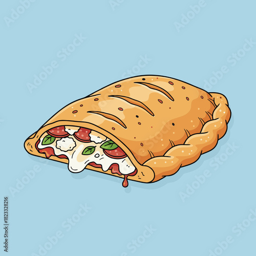 A cartoon illustration of a delicious calzone, cut open to show melted cheese, pepperoni, and basil, on a light blue background.