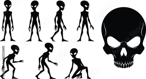 Alien silhouette vector set and human skull, extraterrestrial poses collection, sci-fi horror character, black shapes isolated on white background.