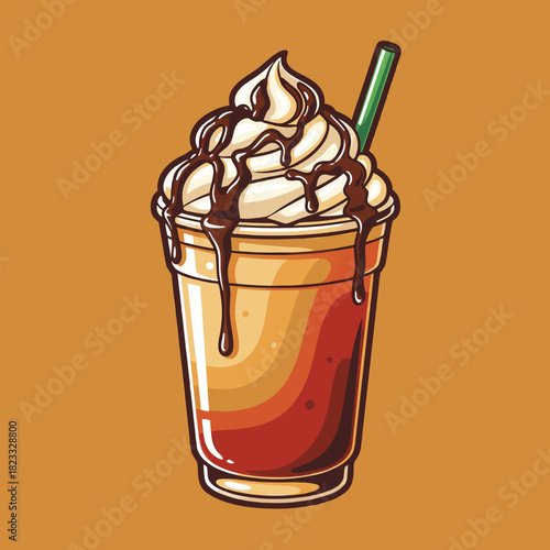 A cartoon illustration of a chocolate frappe with whipped cream, chocolate drizzle, and a green straw in a plastic cup.