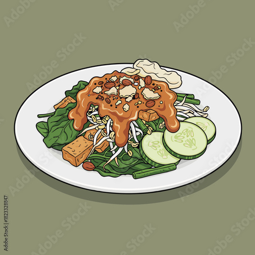 A plate of Gado-Gado, an Indonesian salad with mixed vegetables, tofu, and peanut sauce.
