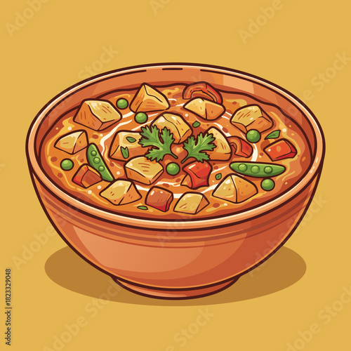 A vibrant cartoon illustration of a bowl of Indian curry, featuring paneer cubes, green peas, and cilantro in a rich, orange-brown sauce.