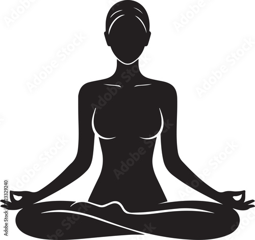 Black silhouette of a woman meditating in lotus pose with hands in mudra yoga meditation