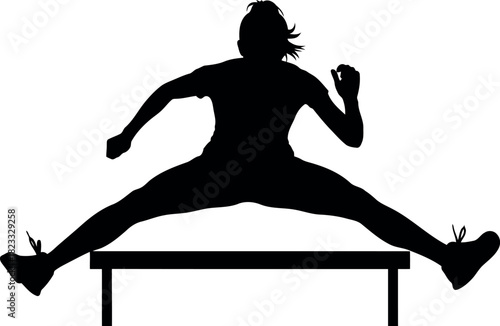 Athlete silhouette jumping over hurdle, sport event challenge