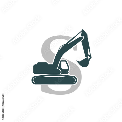 Illustration of an excavator with a stylized letter S in the background, construction equipment.