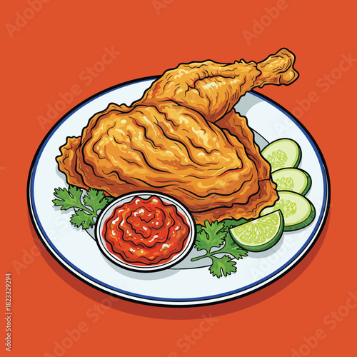 Crispy golden fried chicken served on a white plate with spicy chili sauce, fresh cucumber, and lime wedges, garnished with cilantro.