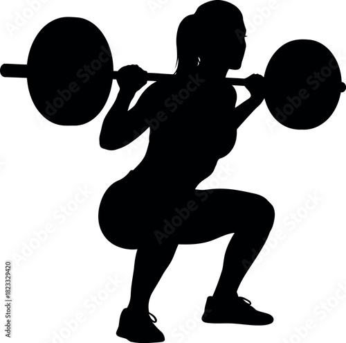 Woman doing barbell squat workout, fitness silhouette exercise.