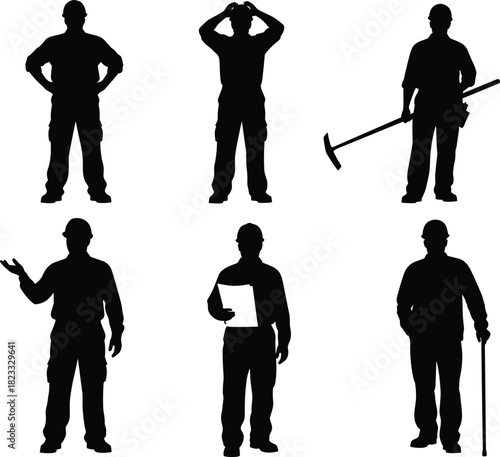 Construction worker silhouettes vector set, industrial builder figures in safety helmets, engineer standing poses black collection for labor design.