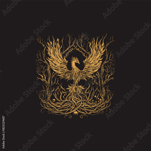 A dramatic, detailed illustration depicting a fiery Phoenix rising from flames, encircled by a twisted, gnarled frame of dark forest roots, branches, and small mushrooms