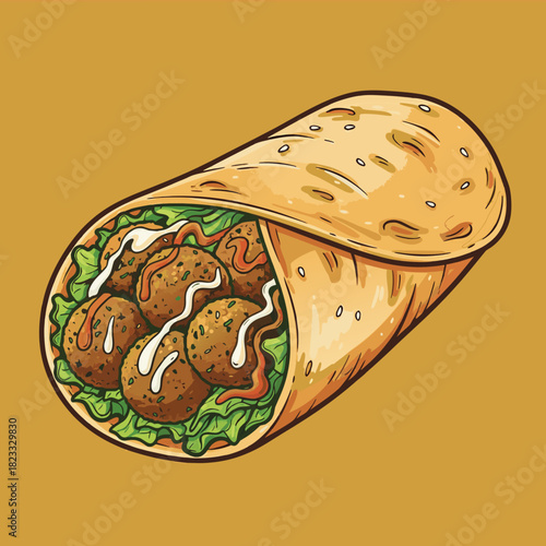 A cartoon illustration of a delicious falafel wrap filled with crispy falafel balls, fresh lettuce, and creamy sauces, presented on a plain background.