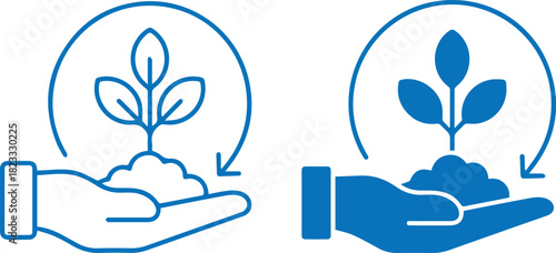 Two hands holding a small plant with leaves Icon Set. Growth Eco Tree Environment.vector illustrations vector sign. Symbol
