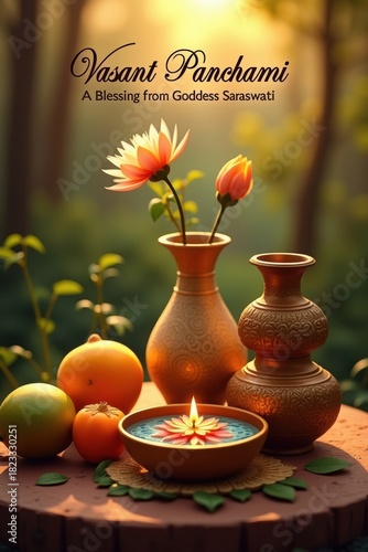 Vasant panchami celebration with flowers fruits and diya in nature