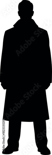 Mysterious man silhouette in trench coat standing isolated