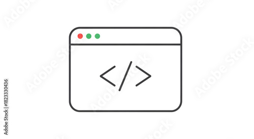 Simple line icon representing a web browser window displaying code tags, isolated on transparent background