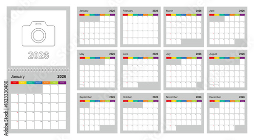Calendar 2026 colorful design, set of 12 vector wall planner calendar pages on gray background. Week starts on Sunday.