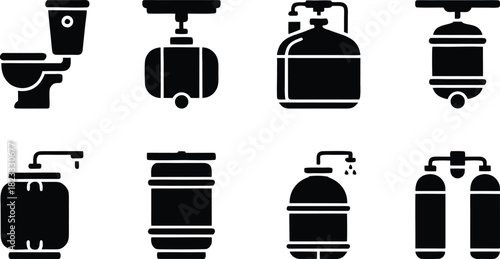 Household Water Tank Icon Set – Full Black Outline Silhouettes