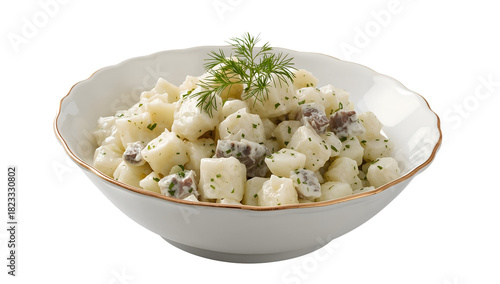 Traditional russian salad with herring, potatoes, herbs, and mayonnaise in white bowl on the transparent background