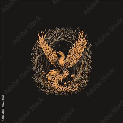 A dramatic, detailed illustration depicting a fiery Phoenix rising from flames, encircled by a twisted, gnarled frame of dark forest roots, branches, and small mushrooms