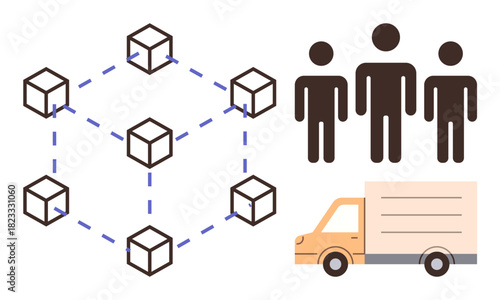 Connected blocks forming a network, three human figures, and a delivery truck. Ideal for teamwork, logistics, blockchain, supply chain, decentralization innovation digital transformation. Simple