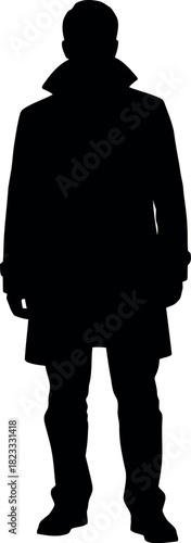 Man standing silhouette, full body, isolated, wearing a coat