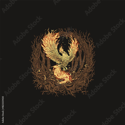 A dramatic, detailed illustration depicting a fiery Phoenix rising from flames, encircled by a twisted, gnarled frame of dark forest roots, branches, and small mushrooms