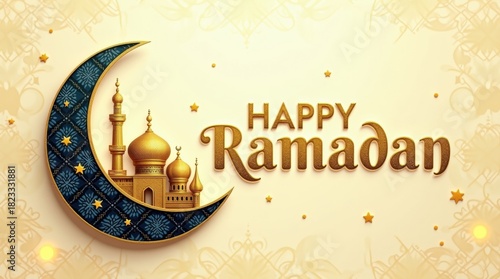 Happy ramadan greeting with crescent moon and mosque illustration