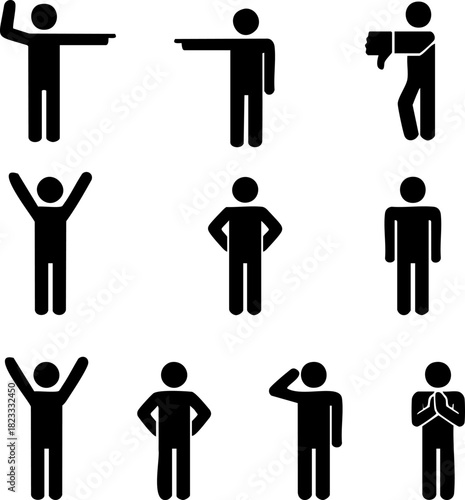 A comprehensive collection of minimalist black stick figure icons depicting various human gestures, actions, and non-verbal communication signals for universal understanding and clear instruction