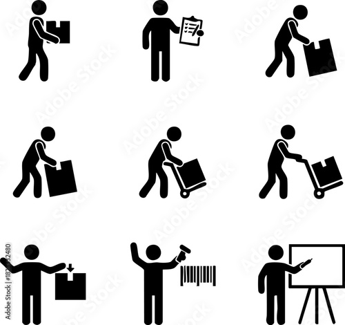 Logistics and Delivery Icons Stick Figures Representing Shipping and Handling Tasks
