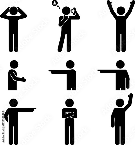 Collection of diverse stick figure pictograms illustrating various human actions and gestures, representing communication and direction