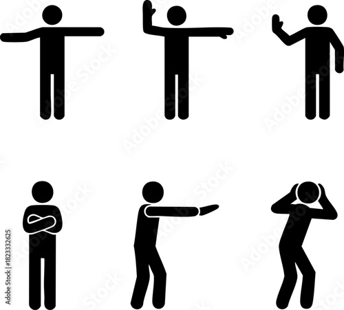 Collection of stick figure pictograms showing various human gestures, poses, and body language signals for communication concepts