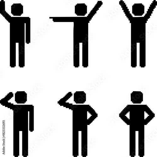 Set of six simple pixelated stick figure icons in black, depicting various human poses and gestures like waving, pointing, cheering, and saluting for communication concepts