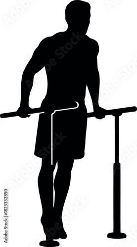 Silhouette of man doing parallel bar dips, fitness and workout