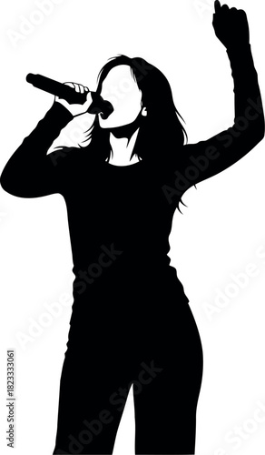 Female singer performing live, holding microphone, one arm raised