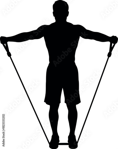 Male silhouette exercising with resistance band for fitness
