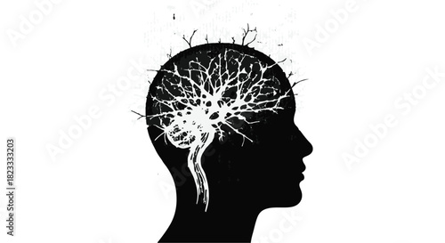 Silhouette of a head with a branching neural network symbolizing thoughts and ideas.