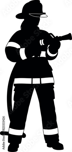 Female firefighter silhouette holding hose nozzle vector art