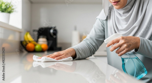 Muslim woman cleaning kitchen counter with spray bottle and cloth  